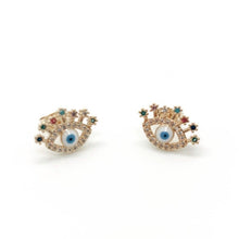 Load image into Gallery viewer, cute little evil eye studs. retro studs. evil eye jewelry. boho chic earrings. trendy.
